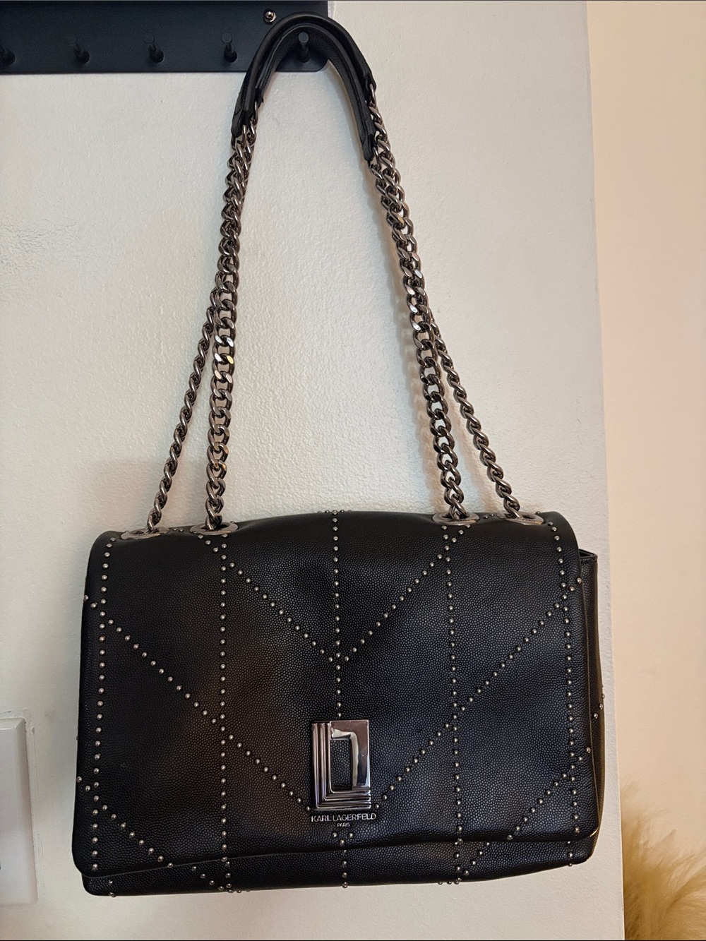 Karl Lagerfeld Black Quilted Studded Chain Shoulder Bag